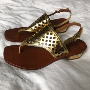 Tory Burch Gold Metallic Low Heeled Sandals Size 8
